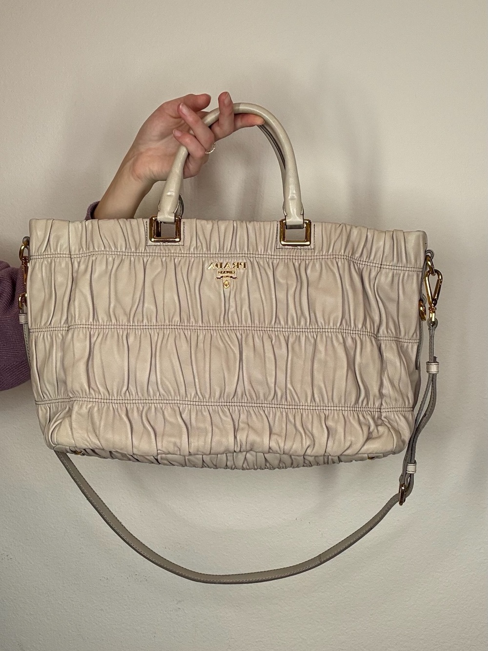 Prada Cream Ruched Leather Tote with Gold Hardware